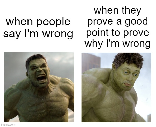 when people say I'm wrong??? | when they prove a good point to prove why I'm wrong; when people say I'm wrong | image tagged in hulk angry then realizes he's wrong,memes,meme,fun,lol,funny memes | made w/ Imgflip meme maker
