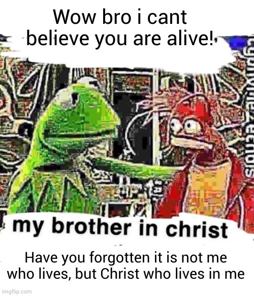 Halellujah | Wow bro i cant believe you are alive! Have you forgotten it is not me who lives, but Christ who lives in me | image tagged in my brother in christ | made w/ Imgflip meme maker