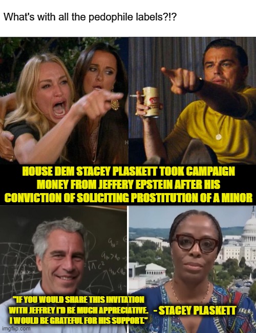 This | What's with all the pedophile labels?!? HOUSE DEM STACEY PLASKETT TOOK CAMPAIGN MONEY FROM JEFFERY EPSTEIN AFTER HIS CONVICTION OF SOLICITING PROSTITUTION OF A MINOR; "IF YOU WOULD SHARE THIS INVITATION WITH JEFFREY I'D BE MUCH APPRECIATIVE. I WOULD BE GRATEFUL FOR HIS SUPPORT."; - STACEY PLASKETT | image tagged in memes,woman yelling at cat | made w/ Imgflip meme maker