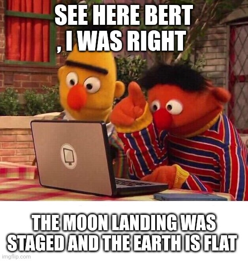 Bert and ernie | SEE HERE BERT , I WAS RIGHT; THE MOON LANDING WAS STAGED AND THE EARTH IS FLAT | image tagged in bert and ernie computer | made w/ Imgflip meme maker