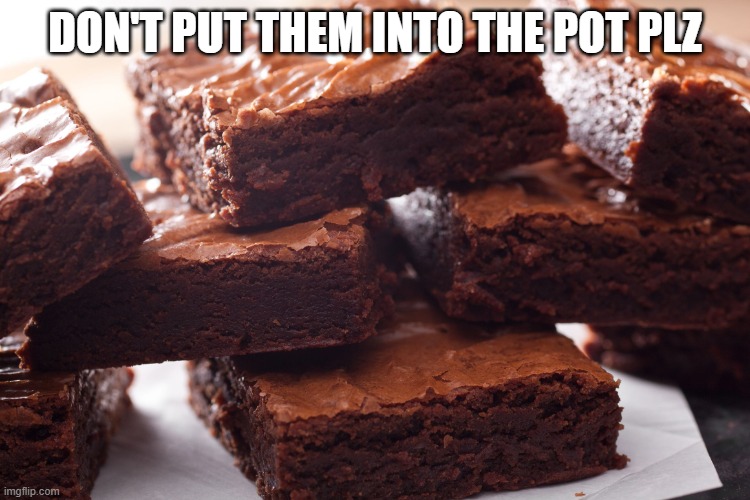 brownies | DON'T PUT THEM INTO THE POT PLZ | image tagged in brownies | made w/ Imgflip meme maker