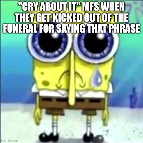 Cry about it mfs when the | "CRY ABOUT IT" MFS WHEN THEY GET KICKED OUT OF THE FUNERAL FOR SAYING THAT PHRASE | image tagged in sad spongebob | made w/ Imgflip meme maker