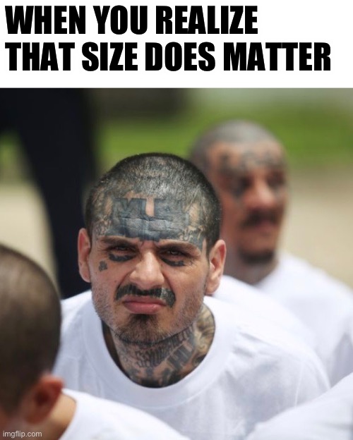 Forehead Size Matters | WHEN YOU REALIZE THAT SIZE DOES MATTER | image tagged in ms-13 squint | made w/ Imgflip meme maker