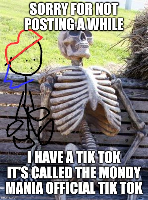 Waiting Skeleton | SORRY FOR NOT POSTING A WHILE; I HAVE A TIK TOK IT'S CALLED THE MONDY MANIA OFFICIAL TIK TOK | image tagged in memes,waiting skeleton | made w/ Imgflip meme maker