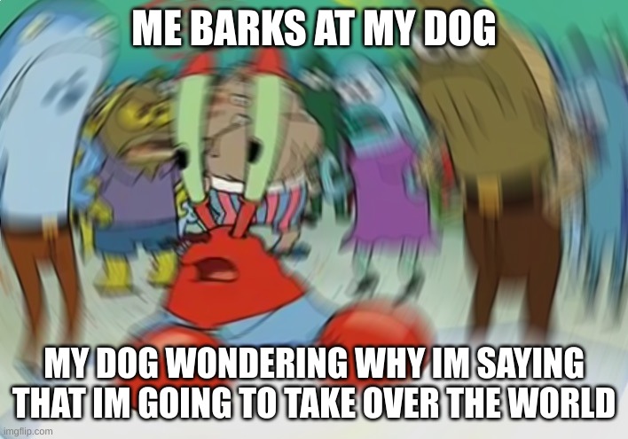 Mr Krabs Blur Meme | ME BARKS AT MY DOG; MY DOG WONDERING WHY IM SAYING THAT IM GOING TO TAKE OVER THE WORLD | image tagged in memes,mr krabs blur meme | made w/ Imgflip meme maker