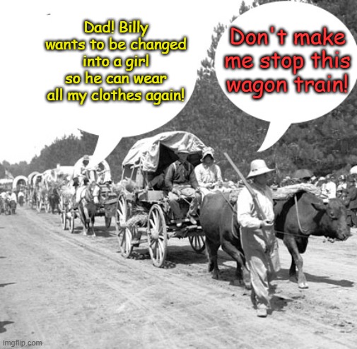 Snowflake wagon train | Dad! Billy wants to be changed into a girl so he can wear all my clothes again! Don't make me stop this wagon train! | image tagged in snowflake wagon train | made w/ Imgflip meme maker