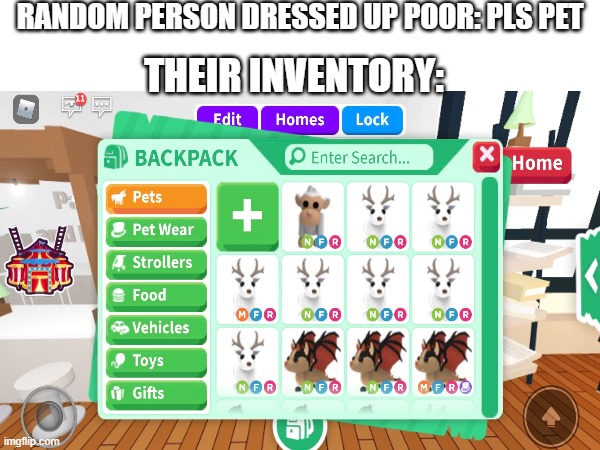Adopt Me players be like | RANDOM PERSON DRESSED UP POOR: PLS PET; THEIR INVENTORY: | image tagged in roblox,memes | made w/ Imgflip meme maker