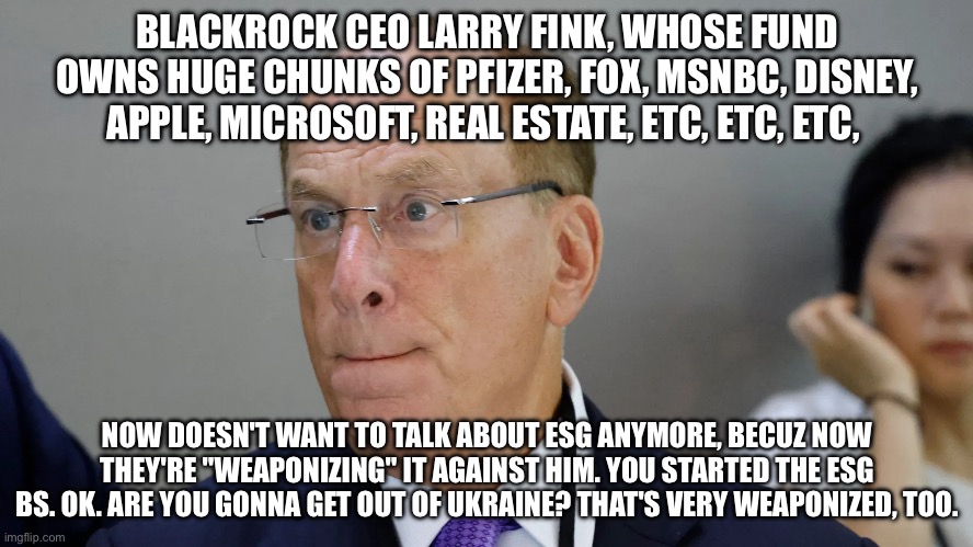 BLACKROCK CEO LARRY FINK, WHOSE FUND OWNS HUGE CHUNKS OF PFIZER, FOX, MSNBC, DISNEY, APPLE, MICROSOFT, REAL ESTATE, ETC, ETC, ETC, NOW DOESN'T WANT TO TALK ABOUT ESG ANYMORE, BECUZ NOW THEY'RE "WEAPONIZING" IT AGAINST HIM. YOU STARTED THE ESG BS. OK. ARE YOU GONNA GET OUT OF UKRAINE? THAT'S VERY WEAPONIZED, TOO. | image tagged in memes | made w/ Imgflip meme maker