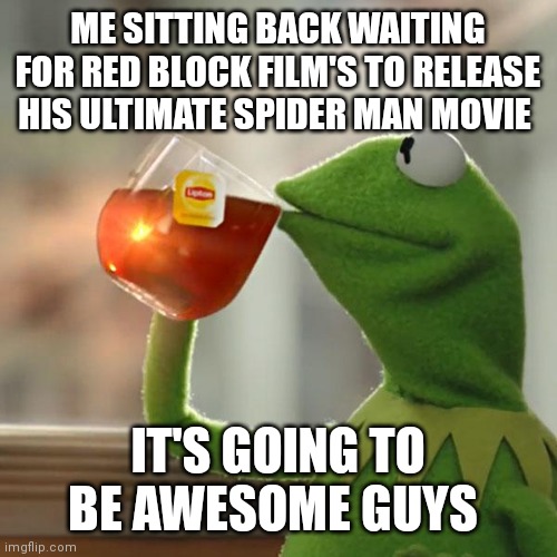Kermit sitting back going sip sip | ME SITTING BACK WAITING FOR RED BLOCK FILM'S TO RELEASE HIS ULTIMATE SPIDER MAN MOVIE; IT'S GOING TO BE AWESOME GUYS | image tagged in memes,but that's none of my business,kermit the frog,funny memes,red block film's,ultimate spider man origins | made w/ Imgflip meme maker