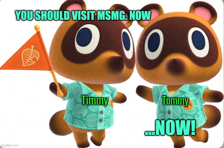 Dew it. | YOU SHOULD VISIT MSMG. NOW; Tommy; Timmy; ...NOW! | image tagged in timmy and tommy nook,timmy,tommy,msmg | made w/ Imgflip meme maker