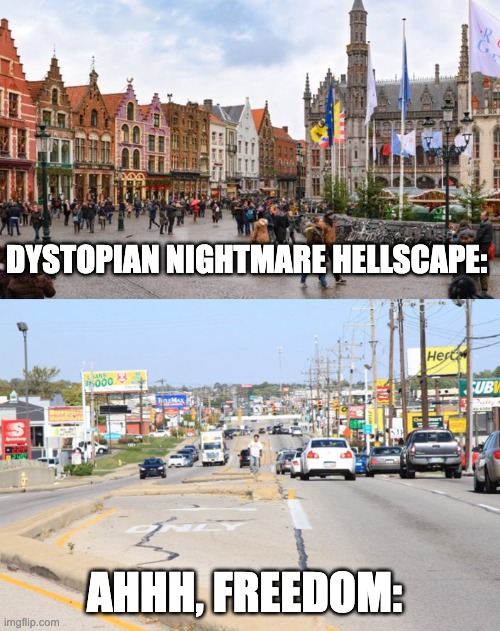 What is wrong with walkable cities? | DYSTOPIAN NIGHTMARE HELLSCAPE:; AHHH, FREEDOM: | image tagged in city,highway,cars,infrastructure | made w/ Imgflip meme maker