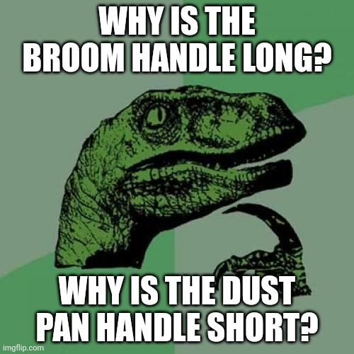 So confusing | WHY IS THE BROOM HANDLE LONG? WHY IS THE DUST PAN HANDLE SHORT? | image tagged in memes,philosoraptor | made w/ Imgflip meme maker