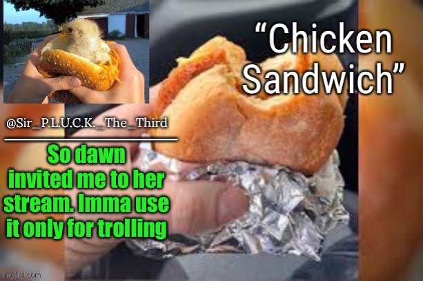 Chicken sandwich (thanks behapp) | So dawn invited me to her stream. Imma use it only for trolling | image tagged in chicken sandwich thanks behapp | made w/ Imgflip meme maker
