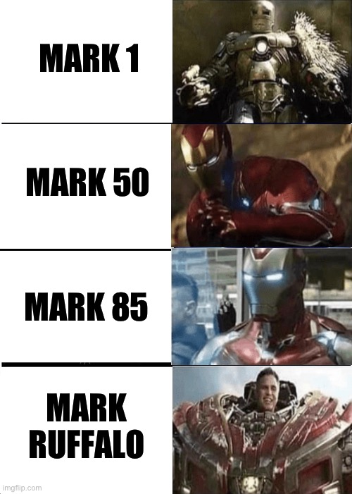 Iron man meme | MARK 1; MARK 50; MARK 85; MARK RUFFALO | image tagged in memes,expanding brain,iron man,funny | made w/ Imgflip meme maker