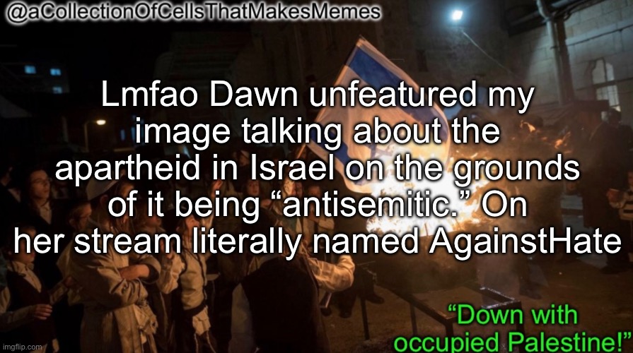 Some people are more equal than others apparently | Lmfao Dawn unfeatured my image talking about the apartheid in Israel on the grounds of it being “antisemitic.” On her stream literally named AgainstHate | image tagged in acollectionofcellsthatmakesmemes announcement template | made w/ Imgflip meme maker