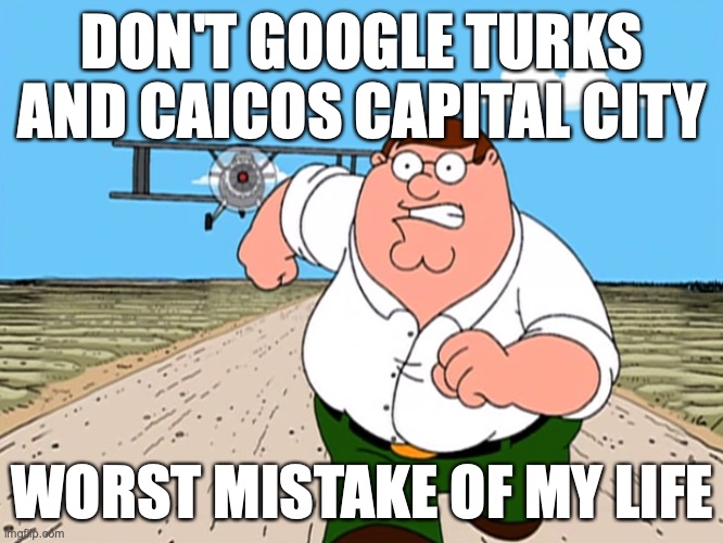 Peter Griffin running away | DON'T GOOGLE TURKS AND CAICOS CAPITAL CITY; WORST MISTAKE OF MY LIFE | image tagged in peter griffin running away | made w/ Imgflip meme maker