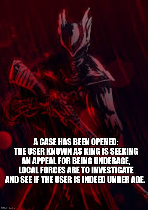 Bloodborne | A CASE HAS BEEN OPENED: THE USER KNOWN AS KING IS SEEKING AN APPEAL FOR BEING UNDERAGE, LOCAL FORCES ARE TO INVESTIGATE AND SEE IF THE USER IS INDEED UNDER AGE. | image tagged in bloodborne | made w/ Imgflip meme maker