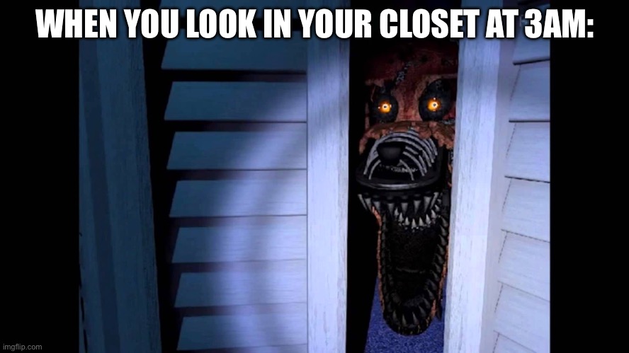 Oh fu*k | WHEN YOU LOOK IN YOUR CLOSET AT 3AM: | image tagged in foxy fnaf 4 | made w/ Imgflip meme maker