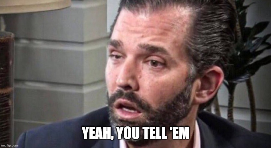 don trump jr coked up (facing left) | YEAH, YOU TELL 'EM | image tagged in don trump jr coked up facing left | made w/ Imgflip meme maker