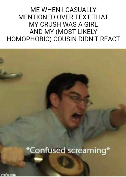 Idk what to do now (RIPPPPPPPP BRO) | ME WHEN I CASUALLY MENTIONED OVER TEXT THAT MY CRUSH WAS A GIRL AND MY (MOST LIKELY HOMOPHOBIC) COUSIN DIDN'T REACT | image tagged in confused screaming,coming out,gay,bisexual,cousin,texting | made w/ Imgflip meme maker