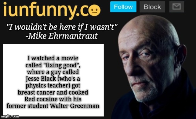 it's on disney+ | I watched a movie called "fixing good", where a guy called Jesse Black (who's a physics teacher) got breast cancer and cooked Red cocaine with his former student Walter Greenman | image tagged in iunfunny's mike ehrmantraut template | made w/ Imgflip meme maker