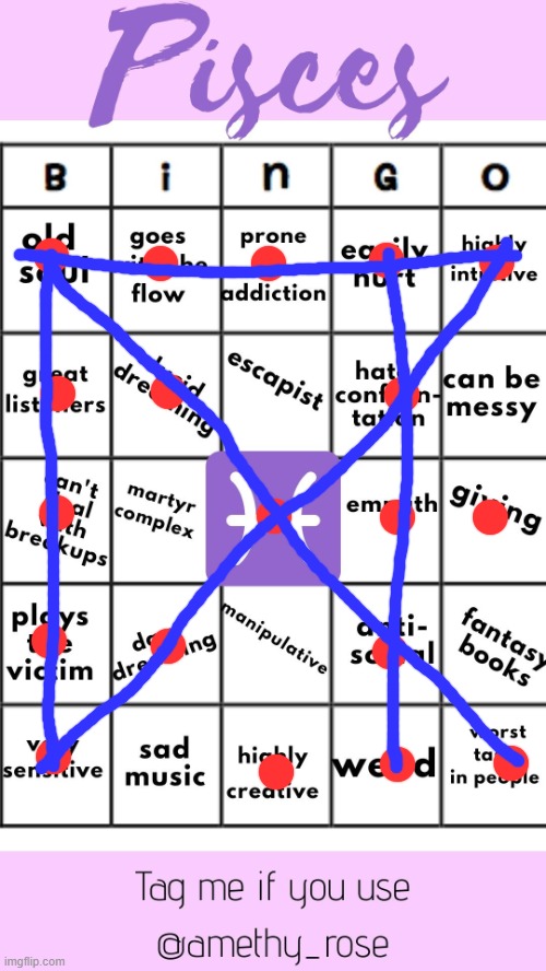 Pisces Bingo (Not mine and I'll put the image in the description | image tagged in pisces bingo | made w/ Imgflip meme maker