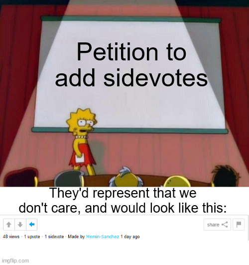 Petition to add sidevotes; They'd represent that we don't care, and would look like this: | image tagged in lisa simpson's presentation | made w/ Imgflip meme maker