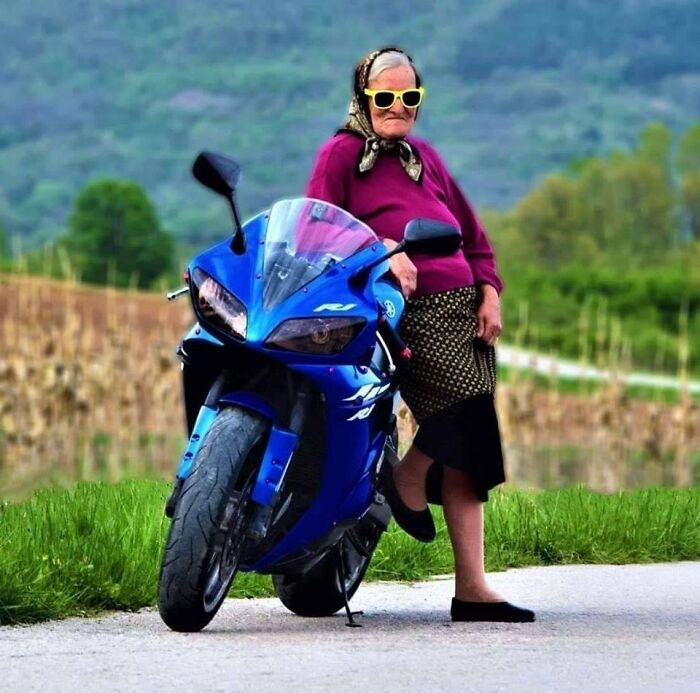 High Quality Old woman and fast motor bike Blank Meme Template