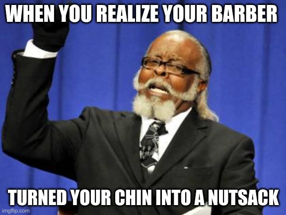 Too Damn High | WHEN YOU REALIZE YOUR BARBER; TURNED YOUR CHIN INTO A NUTSACK | image tagged in memes,too damn high | made w/ Imgflip meme maker