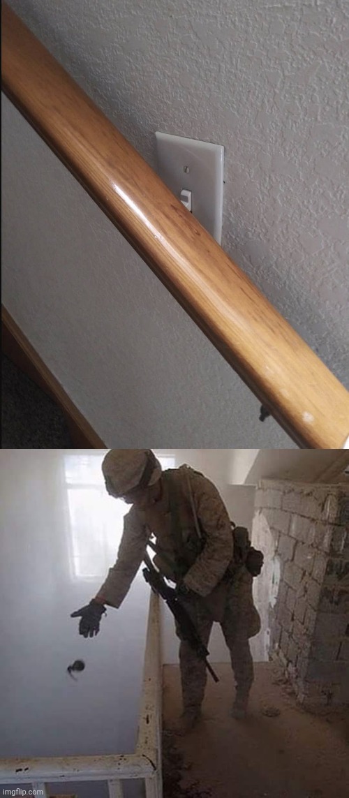 Handrail in the way of the light switch | image tagged in grenade drop,handrail,you had one job,memes,light switch,switch | made w/ Imgflip meme maker