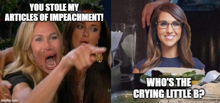 Woman(?) yelling at woman | YOU STOLE MY ARTICLES OF IMPEACHMENT! WHO'S THE CRYING LITTLE B? | image tagged in greene yelling at boebert,memes,woman yelling at cat | made w/ Imgflip meme maker