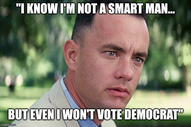 You know the thing....anyway | "I KNOW I'M NOT A SMART MAN... BUT EVEN I WON'T VOTE DEMOCRAT" | image tagged in gump ponders hrc | made w/ Imgflip meme maker