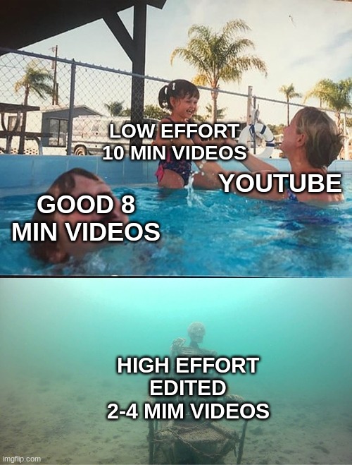 Mother Ignoring Kid Drowning In A Pool | LOW EFFORT 10 MIN VIDEOS; YOUTUBE; GOOD 8 MIN VIDEOS; HIGH EFFORT EDITED 2-4 MIM VIDEOS | image tagged in mother ignoring kid drowning in a pool | made w/ Imgflip meme maker