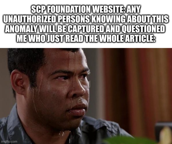 spooky | SCP FOUNDATION WEBSITE: ANY UNAUTHORIZED PERSONS KNOWING ABOUT THIS ANOMALY WILL BE CAPTURED AND QUESTIONED 
ME WHO JUST READ THE WHOLE ARTICLE: | image tagged in sweating bullets | made w/ Imgflip meme maker