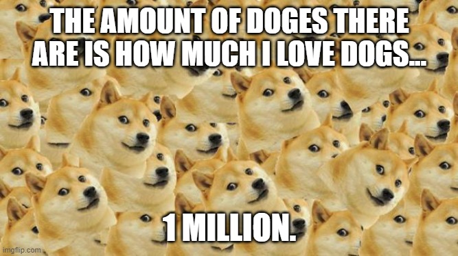 Multi Doge | THE AMOUNT OF DOGES THERE ARE IS HOW MUCH I LOVE DOGS... 1 MILLION. | image tagged in memes,multi doge | made w/ Imgflip meme maker