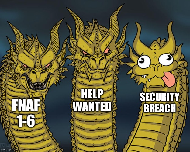 Image Title | HELP WANTED; SECURITY BREACH; FNAF 1-6 | image tagged in three-headed dragon | made w/ Imgflip meme maker