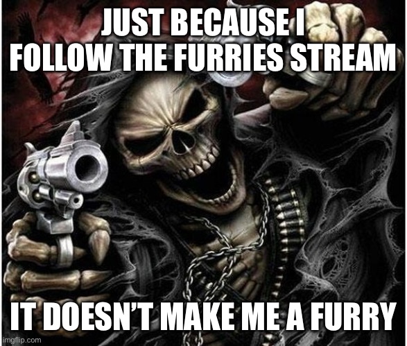 Badass Skeleton | JUST BECAUSE I FOLLOW THE FURRIES STREAM; IT DOESN’T MAKE ME A FURRY | image tagged in badass skeleton | made w/ Imgflip meme maker
