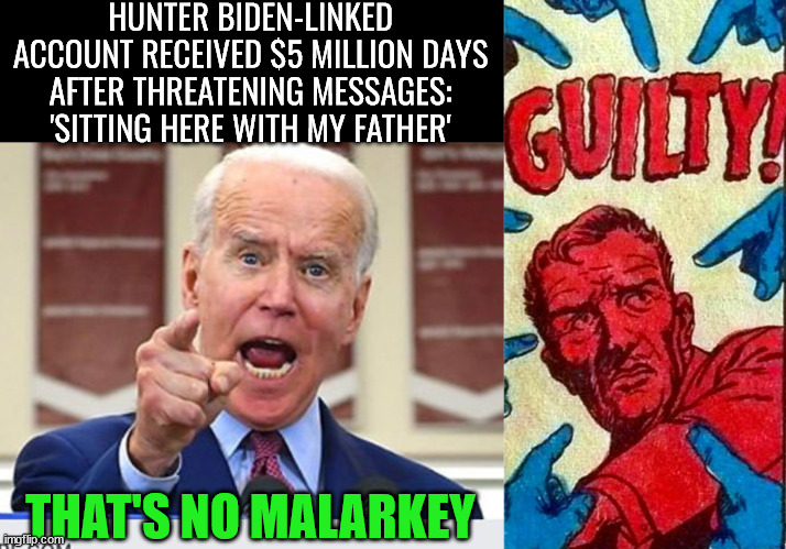 It seems to be all true about the corruption of the Biden Crime Family talk | HUNTER BIDEN-LINKED ACCOUNT RECEIVED $5 MILLION DAYS AFTER THREATENING MESSAGES: 'SITTING HERE WITH MY FATHER'; THAT'S NO MALARKEY | image tagged in joe biden no malarkey | made w/ Imgflip meme maker