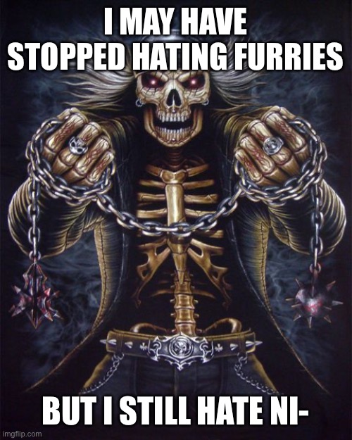 Badass Skeleton | I MAY HAVE STOPPED HATING FURRIES; BUT I STILL HATE NI- | image tagged in badass skeleton | made w/ Imgflip meme maker