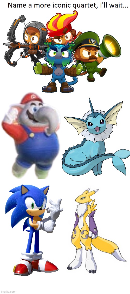 The Ultimate crossover squad of awesomeness! | image tagged in name a more iconic quartet,crossover,mario,sonic the hedgehog,pokemon,digimon | made w/ Imgflip meme maker