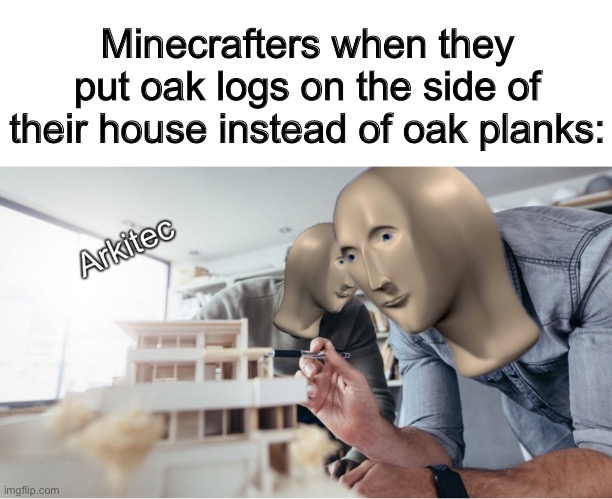 Pro building skills ;) | Minecrafters when they put oak logs on the side of their house instead of oak planks: | image tagged in arkitec | made w/ Imgflip meme maker