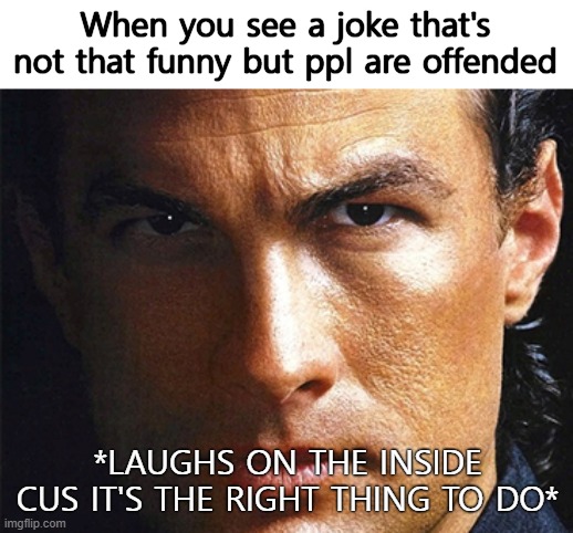 When you see a joke that's not that funny but ppl are offended; *LAUGHS ON THE INSIDE CUS IT'S THE RIGHT THING TO DO* | image tagged in jokes,funny,memes | made w/ Imgflip meme maker