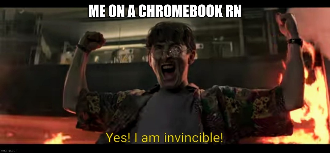 Yes! I am invincible! | ME ON A CHROMEBOOK RN | image tagged in yes i am invincible | made w/ Imgflip meme maker