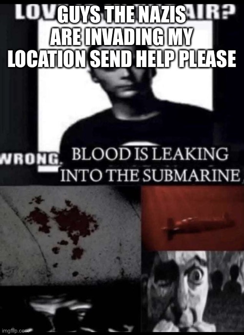 GUYS THE NAZIS ARE INVADING MY LOCATION SEND HELP PLEASE | image tagged in blood is leaking into the submarine | made w/ Imgflip meme maker