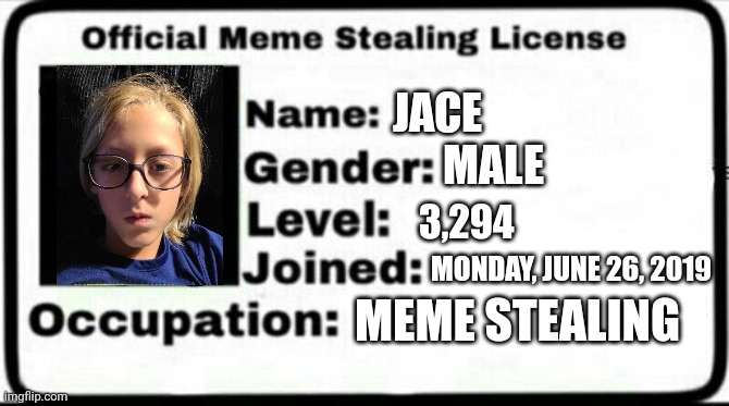 Random license | JACE; MALE; 3,294; MONDAY, JUNE 26, 2019; MEME STEALING | image tagged in meme stealing license | made w/ Imgflip meme maker