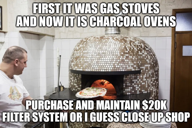 New York City: | FIRST IT WAS GAS STOVES AND NOW IT IS CHARCOAL OVENS; PURCHASE AND MAINTAIN $20K FILTER SYSTEM OR I GUESS CLOSE UP SHOP | image tagged in pizza oven,democrats,nyc,climate change | made w/ Imgflip meme maker