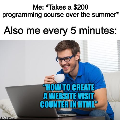True tho -_- | Me: *Takes a $200 programming course over the summer*; Also me every 5 minutes:; “HOW TO CREATE A WEBSITE VISIT COUNTER IN HTML” | image tagged in handsome young man working on computer laptop at home happy guy | made w/ Imgflip meme maker