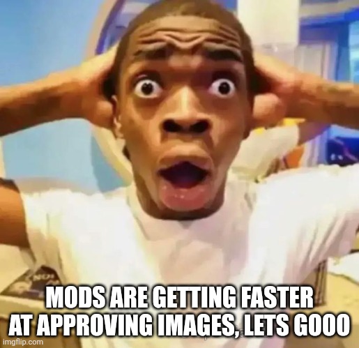 Shocked black guy | MODS ARE GETTING FASTER AT APPROVING IMAGES, LETS GOOO | image tagged in shocked black guy | made w/ Imgflip meme maker