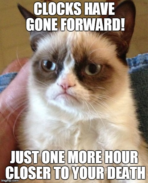 Grumpy Cat Meme | CLOCKS HAVE GONE FORWARD! JUST ONE MORE HOUR CLOSER TO YOUR DEATH | image tagged in memes,grumpy cat | made w/ Imgflip meme maker