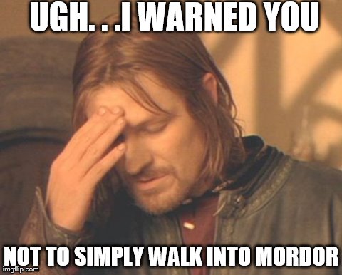 Frustrated Boromir | UGH. . .I WARNED YOU NOT TO SIMPLY WALK INTO MORDOR | image tagged in memes,frustrated boromir | made w/ Imgflip meme maker